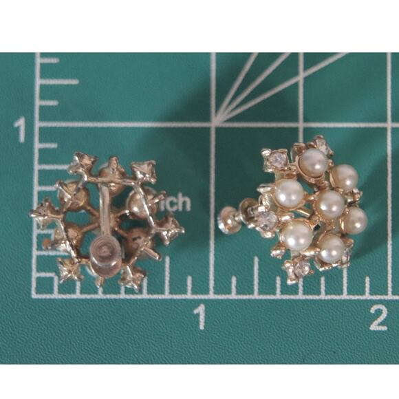 Pearly Beads And Rhinestones Cluster Earrings Screw Backs - Picture 8 of 8